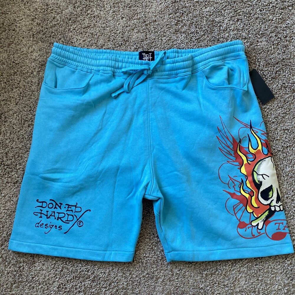 Ed Hardy Men Fleece Shorts Fire Skull Tattoo Design Drawstring NWT Blue Size 2XL